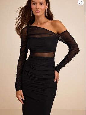 NWT LULUS Lucena Black Mesh Asymmetrical Maxi Dress